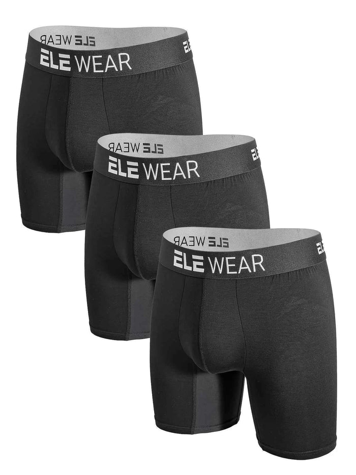 Three bamboo men's boxer briefs in long boxer brief style, shown in natural fabric and comfortable fit.