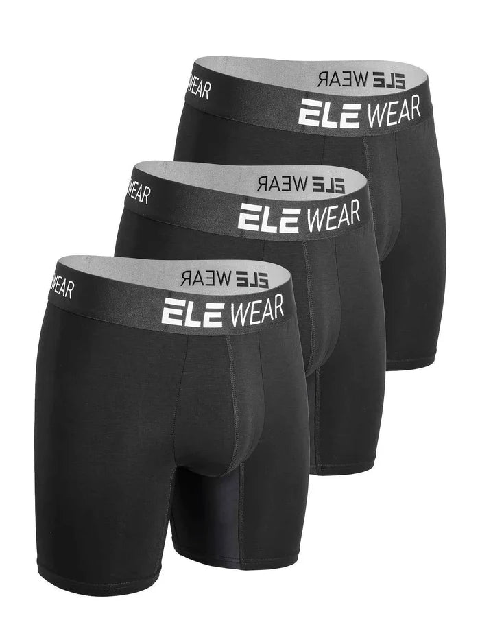 Three pairs of bamboo men's boxer briefs in long style, black and gray, from ShopHub NZ, made with breathable, eco-friendly fabric.