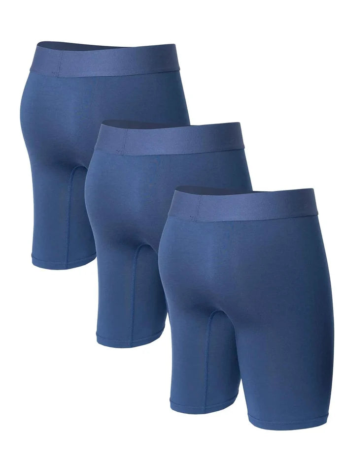 Three pairs of men's breathable modal boxer shorts with open, comfortable design, ideal for everyday wear.