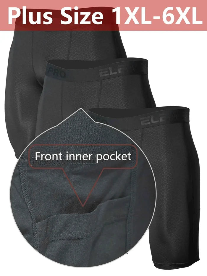Plus size men's boxer shorts with snake pattern embossing, side pockets, and front inner pocket in 1XL-6XL size.
