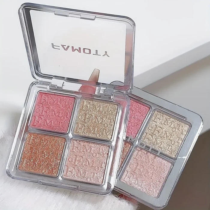 ShopHub NZ 4-color face highlighter palette with shimmering shades for radiant makeup looks, shown with open compact and reflective surface.
