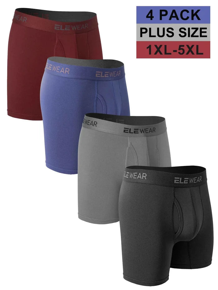 Four packs of breathable men's boxer shorts by ShopHub NZ, plus size 1XL-5XL, with front opening, in various colors.