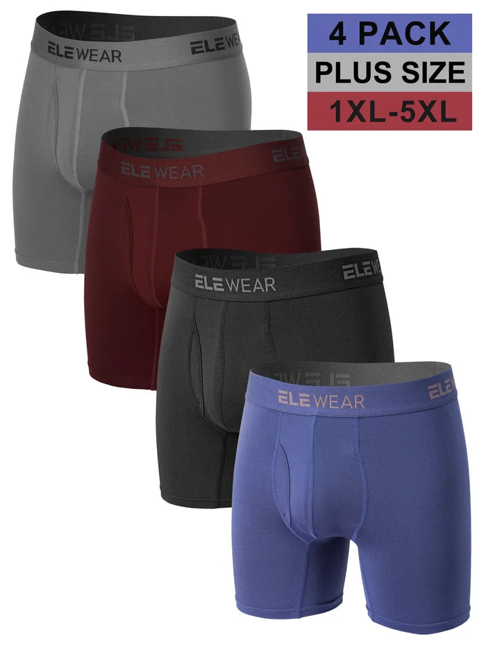 Four pairs of breathable men's boxer shorts in plus size 1XL-5XL with fly opening, featuring comfortable fabric and stylish fit.