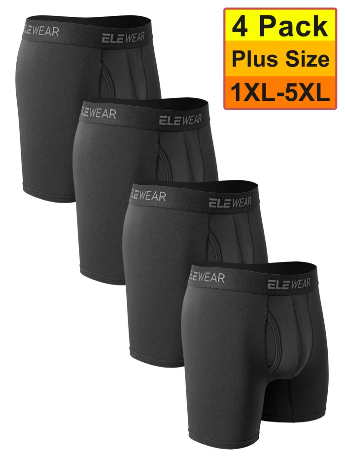Four pairs of men's breathable boxer shorts in plus sizes 1XL to 5XL, featuring open fly design and soft fabric from ShopHub NZ.