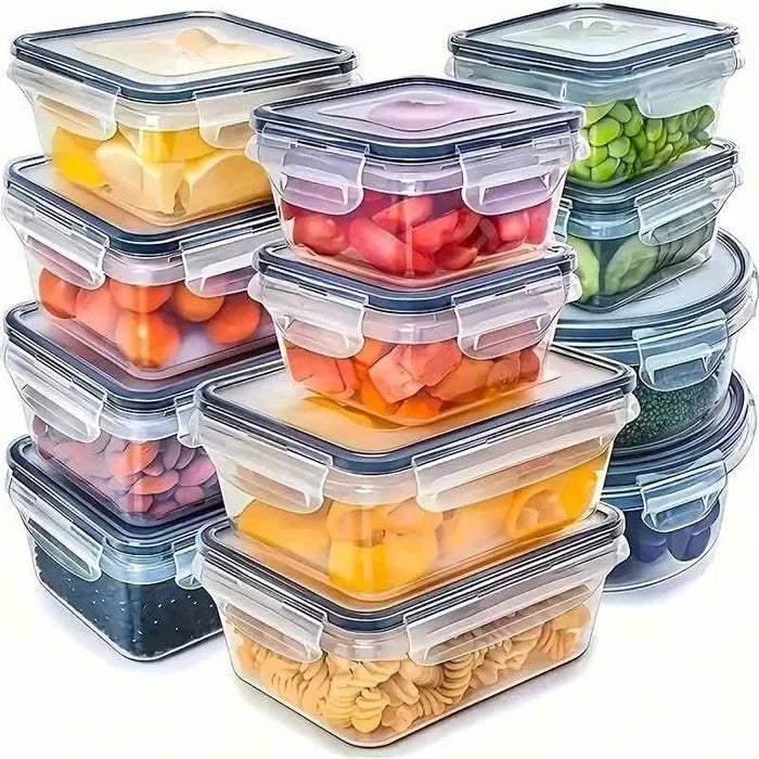 Four clear food storage containers with snap lids, ideal for kitchen organization and airtight food preservation.
