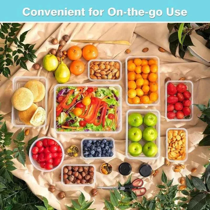 Four clear food storage containers with snap lids from ShopHub NZ, shown stacked with lids closed and contents visible inside