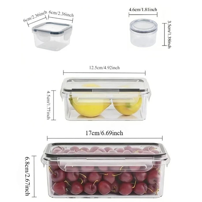 Four clear food storage containers with snap lids, ideal for kitchen organization and freshness.