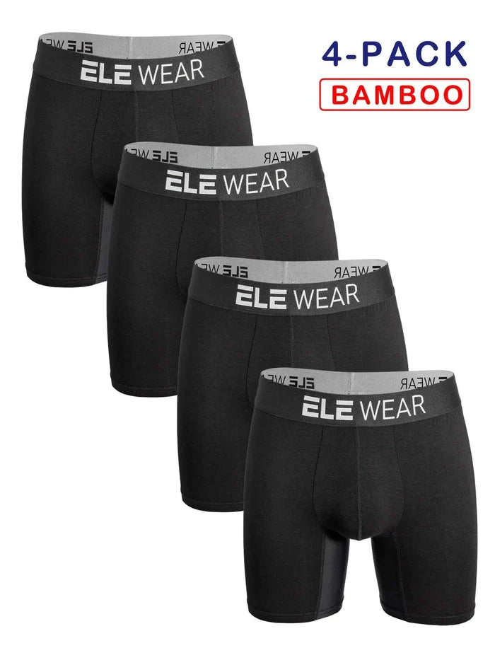 Set of four bamboo men's sports underwear boxer briefs in black, designed for athletic comfort and moisture-wicking performance.