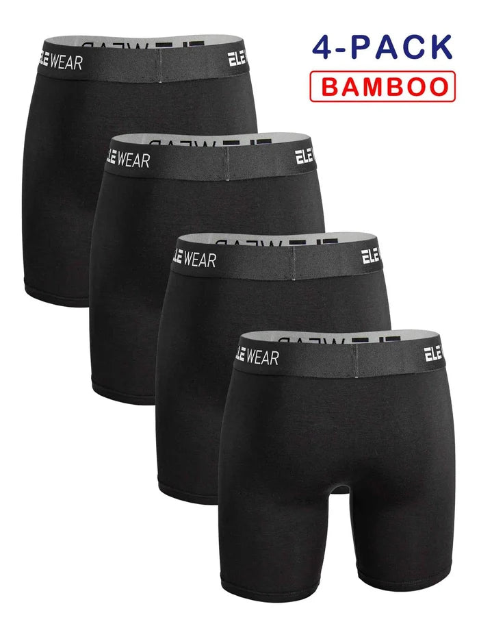 Set of 4 bamboo men's sports boxer briefs with long athletic design, breathable and comfortable for active wear.