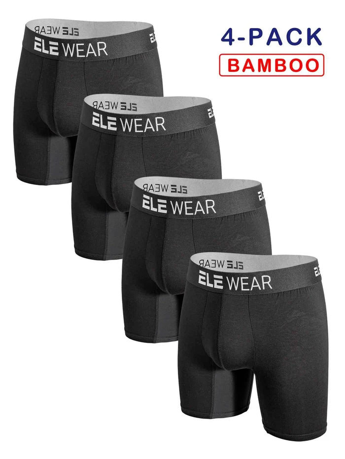 Four pairs of bamboo men's athletic boxer briefs with long design, breathable and comfortable for active wear.