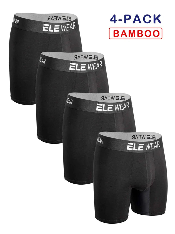 Four bamboo men's sports boxer briefs in black, made by ShopHub NZ, designed for athletic comfort and moisture-wicking performance.