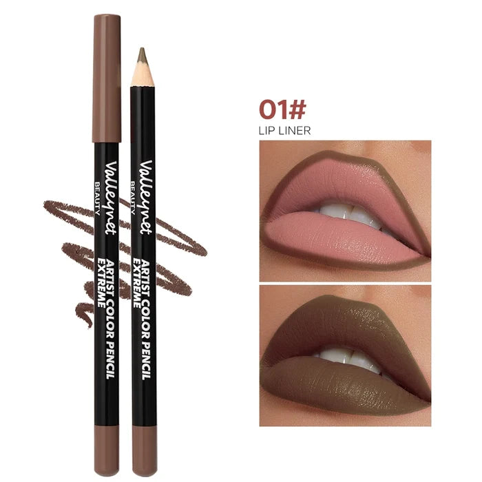 Set of four makeup lip and eyeliner pencils in various shades, displayed with caps off showing the color tips.