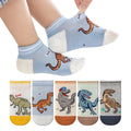 Five pairs of boys' dinosaur socks from Habicare featuring soft, breathable fabric and fun dinosaur patterns in various sizes.