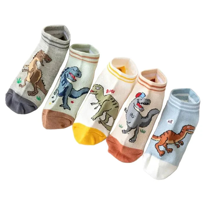Set of 5 pairs of boys' dinosaur socks by Habicare, soft, breathable, with fun dinosaur patterns in four sizes.