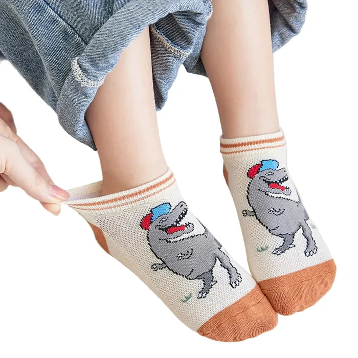 Five pairs of Habicare boys' dinosaur socks in various sizes, featuring colorful, soft, and breathable fabric with dinosaur patterns.