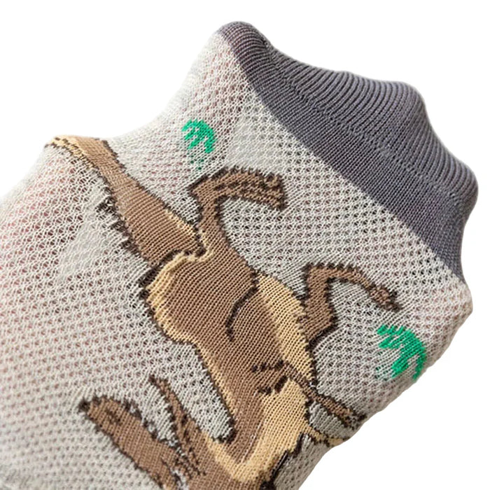 Five pairs of Habicare boys' dinosaur socks in various sizes, featuring colorful dinosaur designs and breathable, soft fabric.