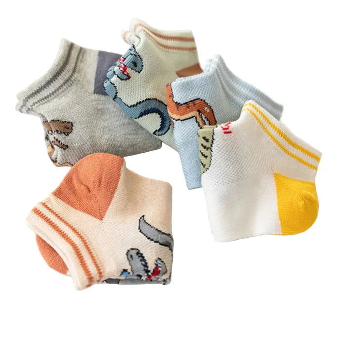 Five pairs of boys' dinosaur socks by Habicare, showing colorful, soft, and breathable sock designs in various sizes.