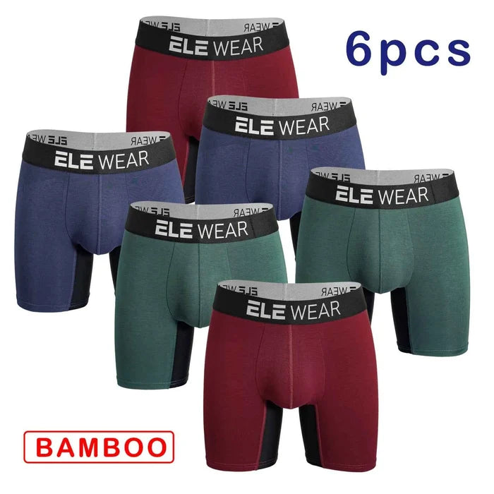 Six bamboo men's boxer shorts in plus size, breathable fabric, featuring a comfortable fit and stylish design.