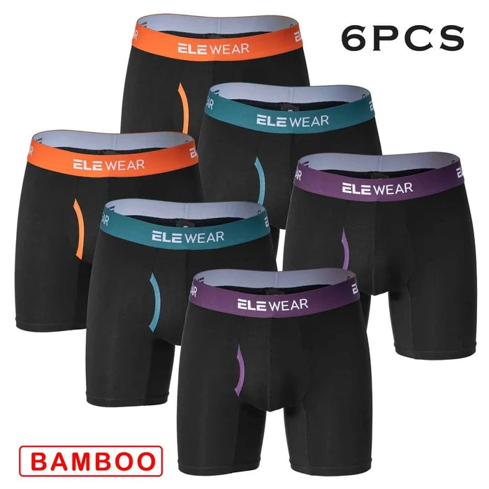 Six bamboo men's boxer shorts with open front design, breathable fabric, in plus size, featuring a comfortable fit and casual style.