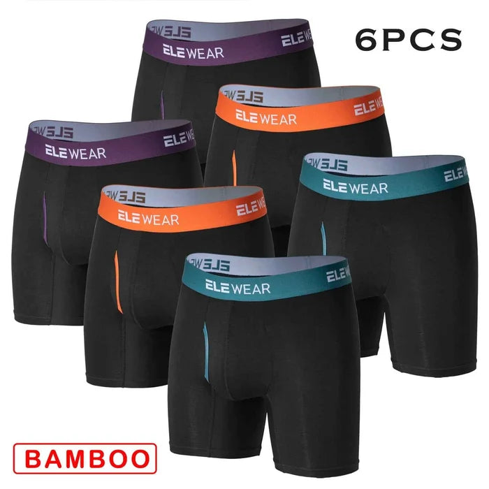 Six bamboo men's boxer shorts with opening, plus size breathable underwear, featuring a comfortable fit and natural fabric texture.