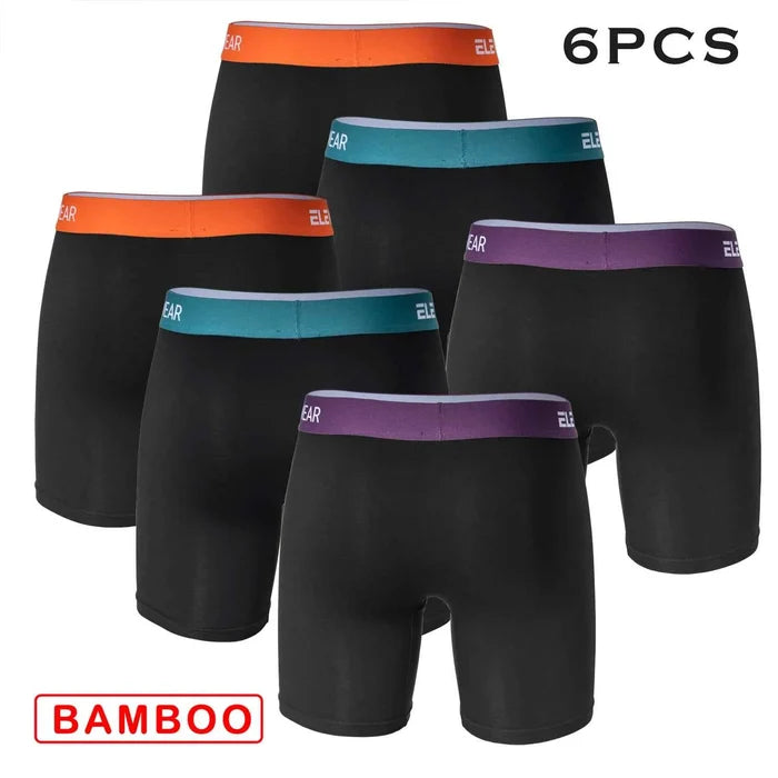 Six bamboo men's boxer shorts with open fly, breathable fabric, plus size fit, and comfortable waistband in natural fabric.
