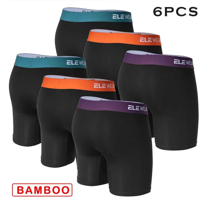 Six bamboo men's boxer shorts with open fly, breathable fabric, plus size fit, in natural tones, designed for comfort and style.