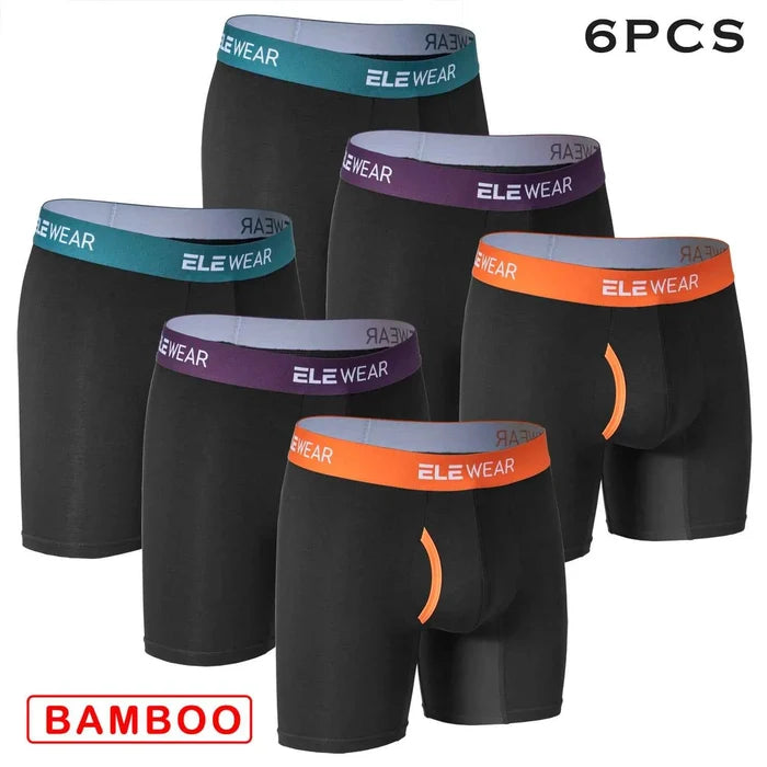 Six pairs of bamboo men's boxer shorts from ShopHub NZ, featuring breathable fabric and functional front openings in plus sizes.