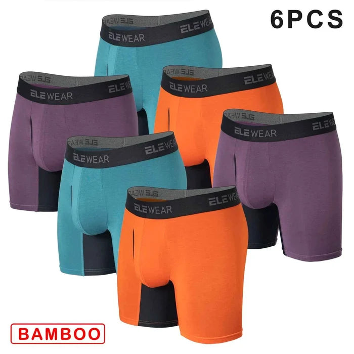 Six bamboo men's boxer shorts from ShopHub NZ featuring breathable fabric and functional opening for comfortable wear.