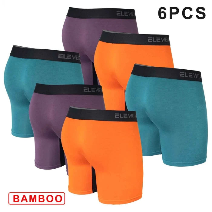 Six bamboo men's boxer shorts with breathable fabric and front opening, designed for comfort and everyday wear.