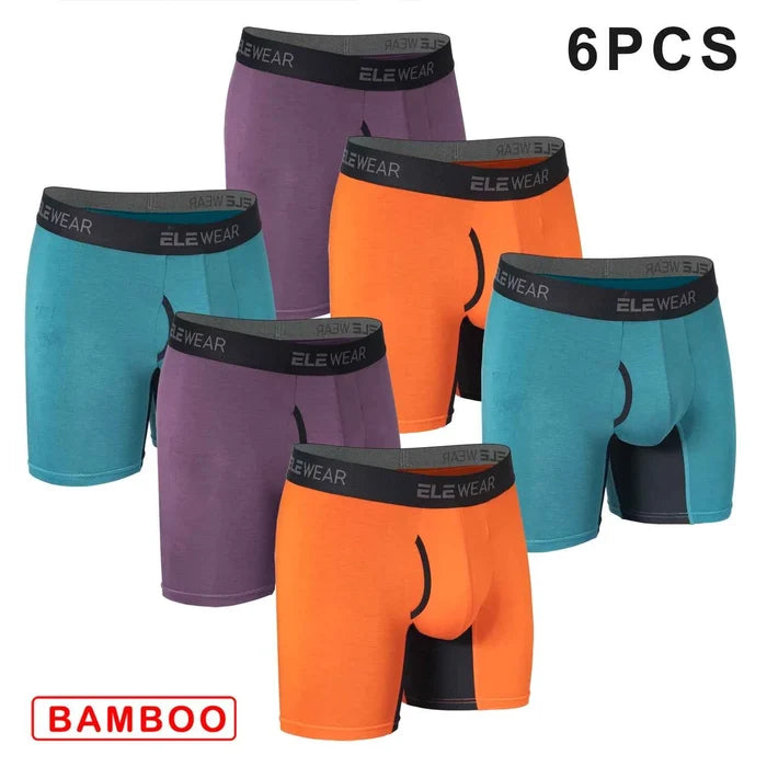 Six bamboo men's boxer shorts with breathable fabric and front opening, designed for comfort and everyday wear.
