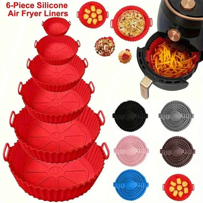 Six silicone air fryer mats with dual texture, heat-resistant to 450°F, non-stick surface for easy cooking and cleaning.