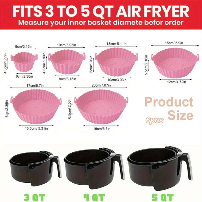 Six silicone non-stick air fryer mats with dual texture, heat resistant up to 450°F, compatible with various air fryer brands.