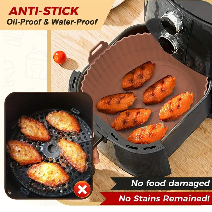 Six black silicone air fryer mats with dual-texture surface, heat-resistant up to 450°F, designed for non-stick air fryer cooking.
