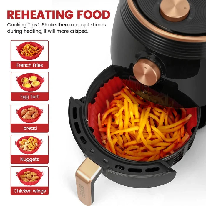 Six silicone air fryer mats with dual texture, non-stick surface, and heat-resistant up to 450°F for air fryer accessories.