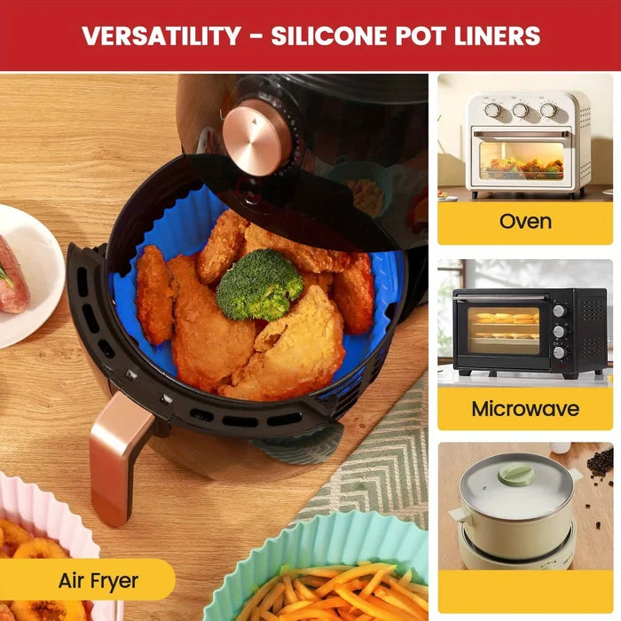 Six silicone air fryer mats with dual texture, heat-resistant up to 450°F, non-stick surface for easy cooking and cleaning.