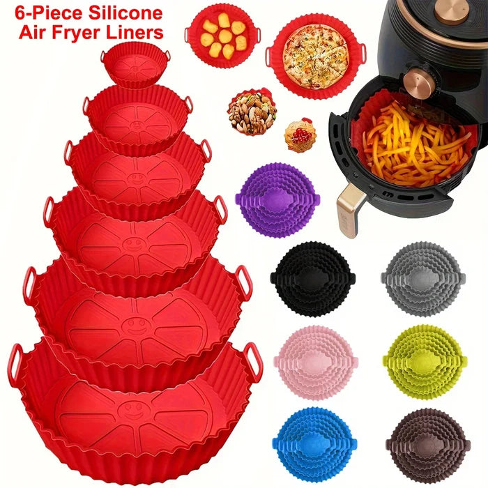 Six silicone air fryer mats with dual texture, heat-resistant up to 450°F, non-stick accessories for air fryer cooking.