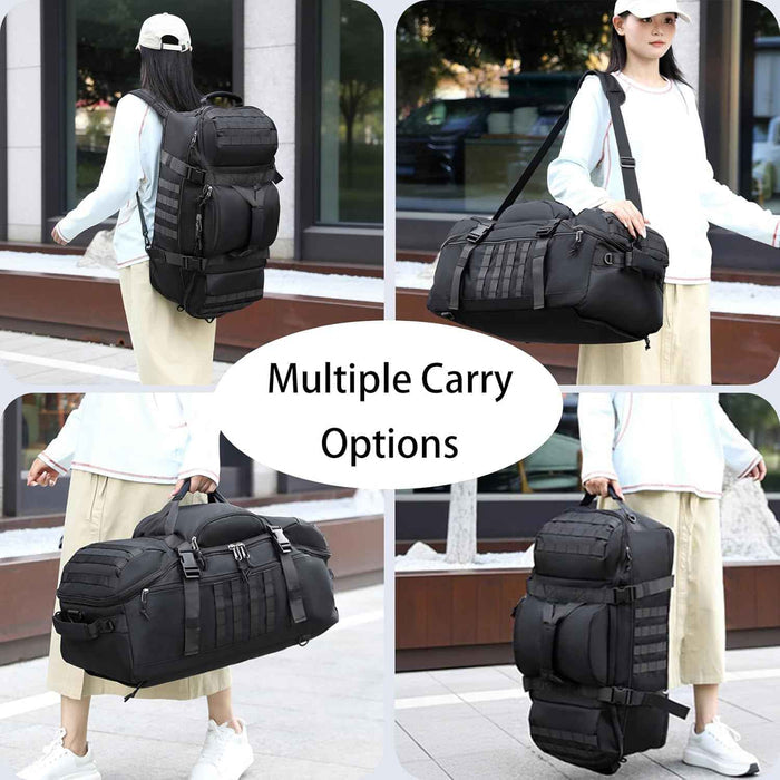 ECOTREK 80L travel duffel backpack with foldable design, hidden straps, and durable material for versatile travel use.