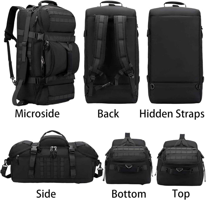 ECOTREK 80L travel duffel backpack with foldable design, hidden straps, and durable holdall for versatile travel use.