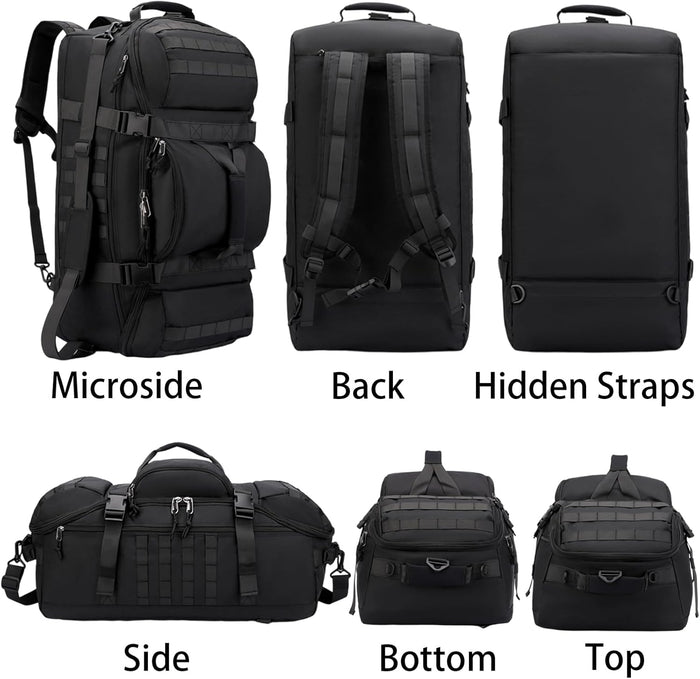 ECOTREK 80L travel duffel backpack with foldable design, hidden straps, and carry handles, ideal for versatile travel storage