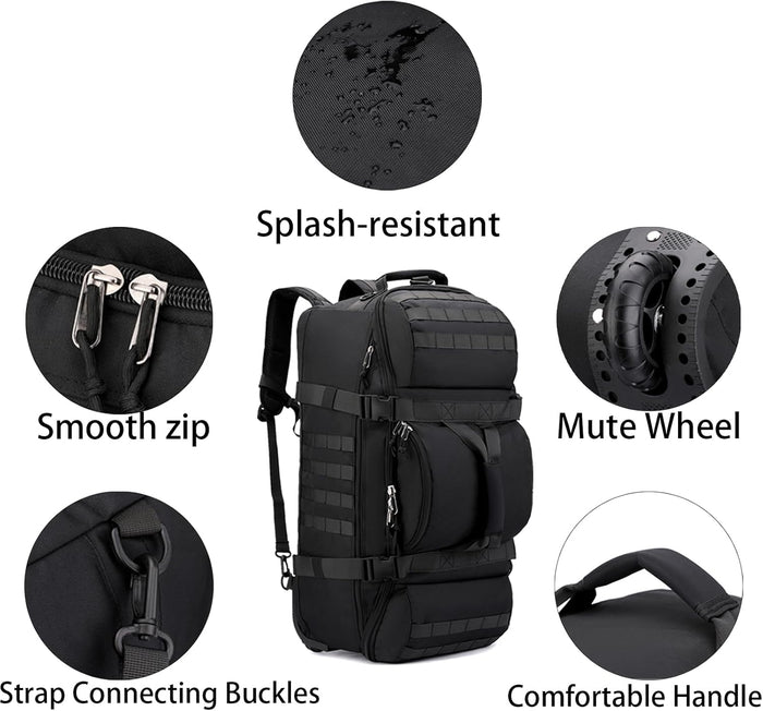 ECOTREK 80L travel duffel backpack with foldable design, hidden straps, and spacious holdall for versatile travel storage.