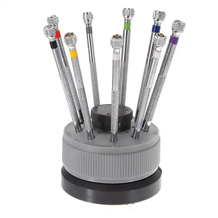 9-piece precision screwdriver set for watch repair by That Watch Shop, featuring small, high-precision watch tools on a white background.