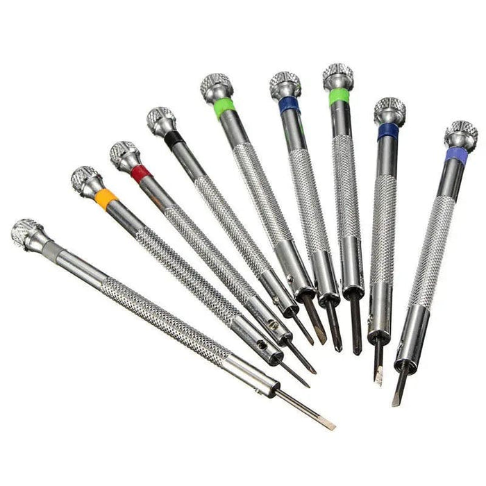 9-piece precision screwdriver set for watch repair, featuring high-quality watch tools with ergonomic handles for detailed work.