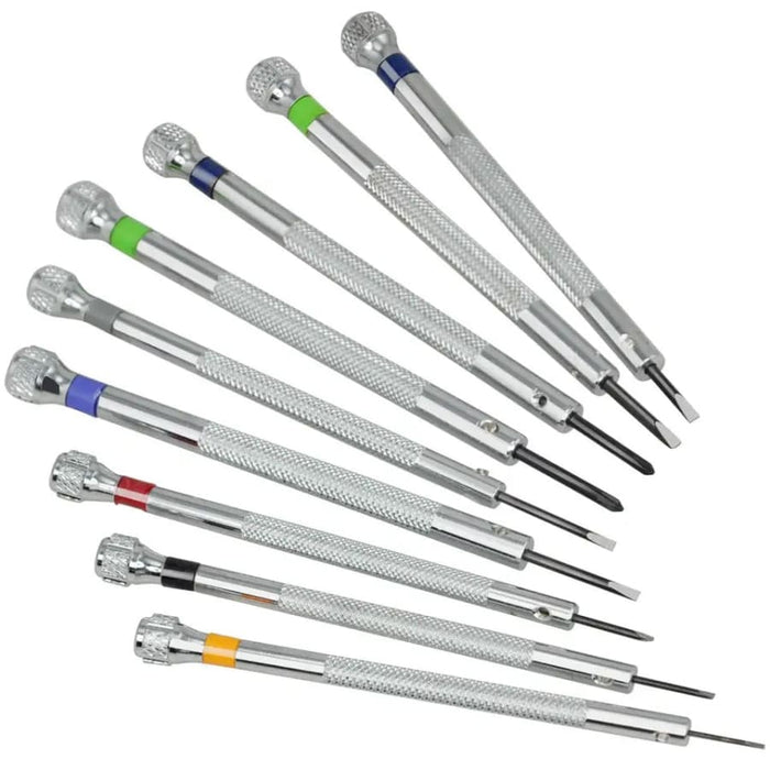 9-piece precision screwdriver set for watch repair, featuring watch tools from That Watch Shop with various small screwdrivers.