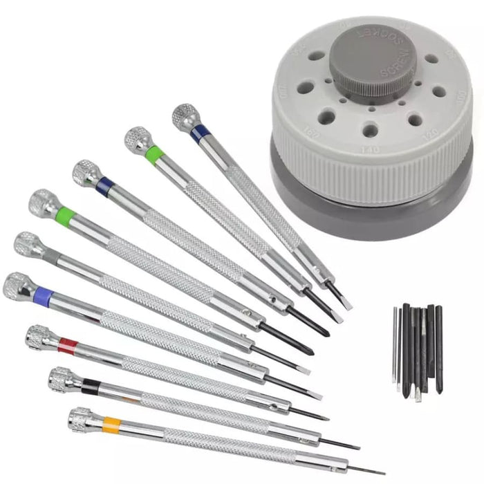 9-piece precision screwdriver set for watch repair, featuring small watch tools with ergonomic handles, ideal for detailed watch work.