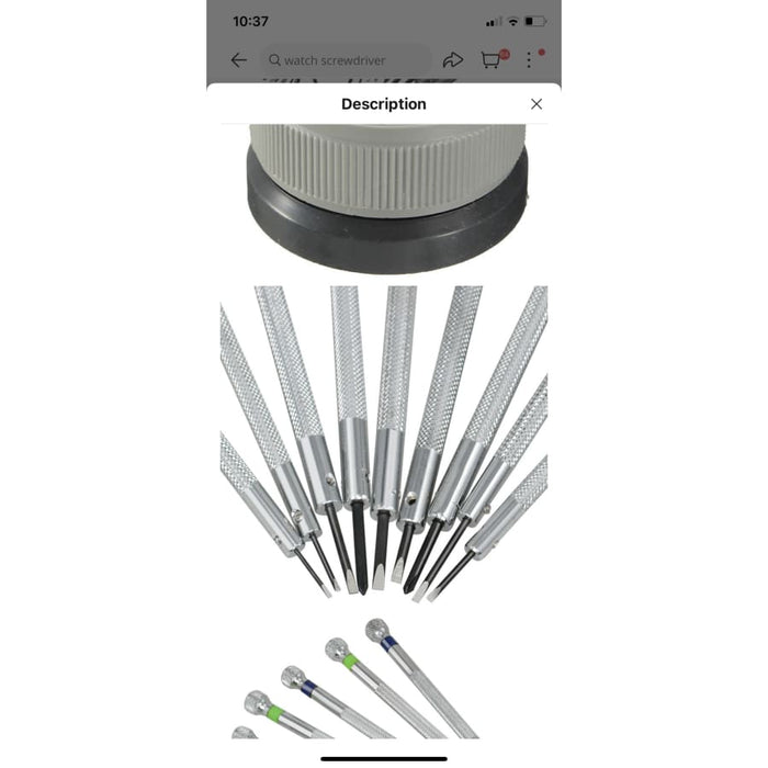 Set of nine watch tools with precision screwdrivers, ideal for watch repair and maintenance, from That Watch Shop.
