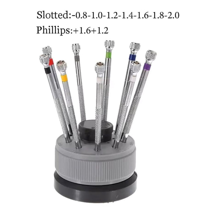 Set of nine precision screwdriver watch tools with ergonomic handles, ideal for watch repair and detailed jewelry work.