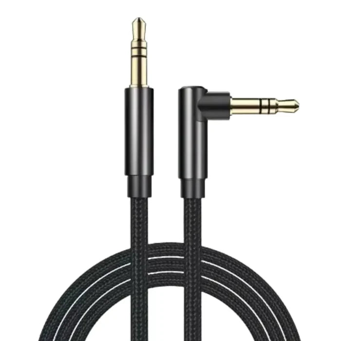Habicare 9eight5 90° audio jack cord for Samsung, Xiaomi, and MP3 devices, showing a close-up of the 90-degree connector and cable.