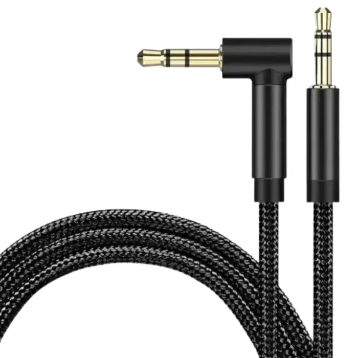 Habicare 9eight5 90° jack audio cord connected to Samsung, Xiaomi, and MP3 devices, showing its angled gold-plated connector.