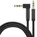Habicare 9eight5 90° jack audio cord connected to Samsung, Xiaomi, and MP3 devices, showing its angled gold-plated connector.