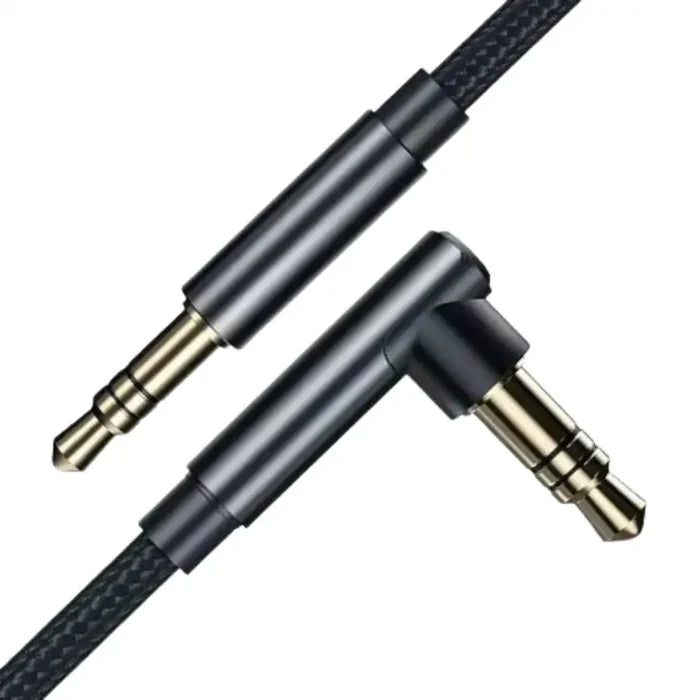 Habicare 9eight5 90° jack audio cord compatible with Samsung, Xiaomi, and MP3 devices, featuring a right-angle connector.